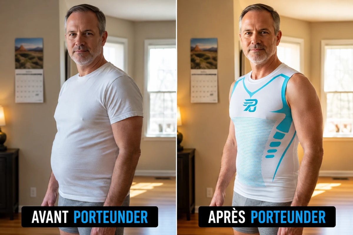 Avant / après débardeur de compression PORTEUNDER blanc - silhouette affinée