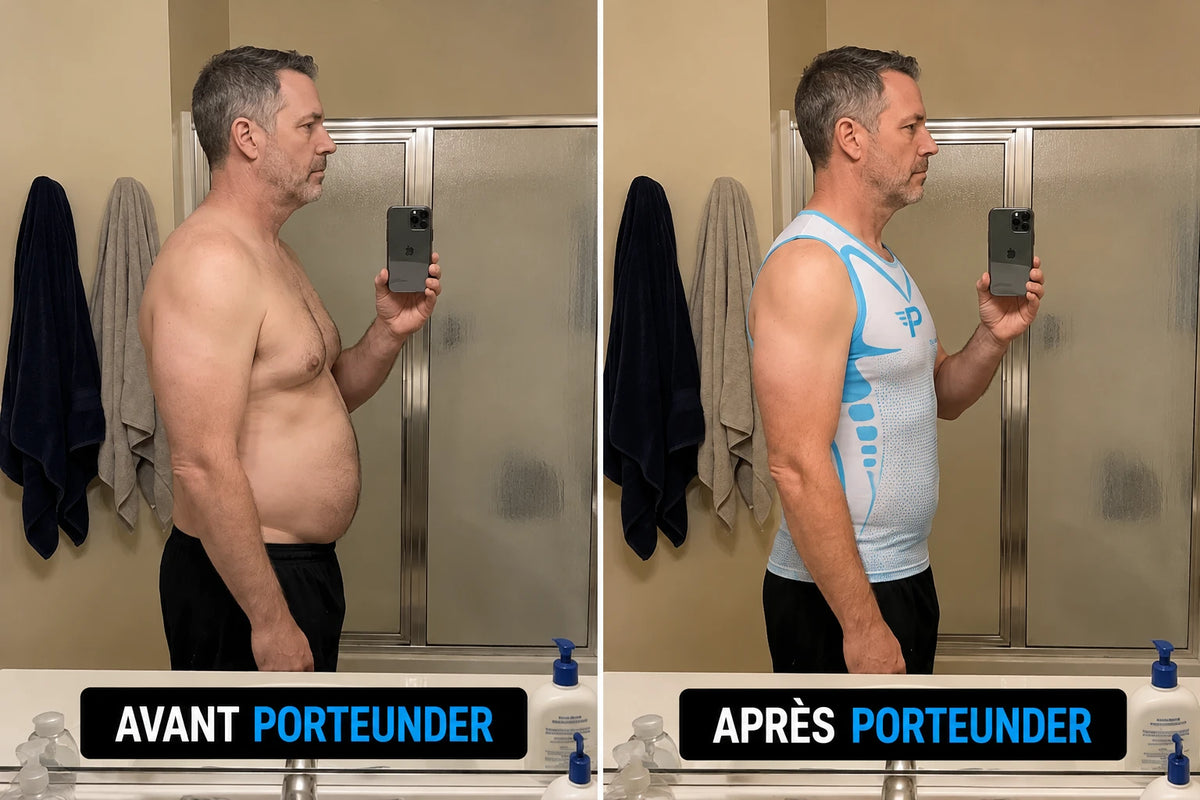 Avant / après débardeur de compression PORTEUNDER - vue de profil, ventre gainé