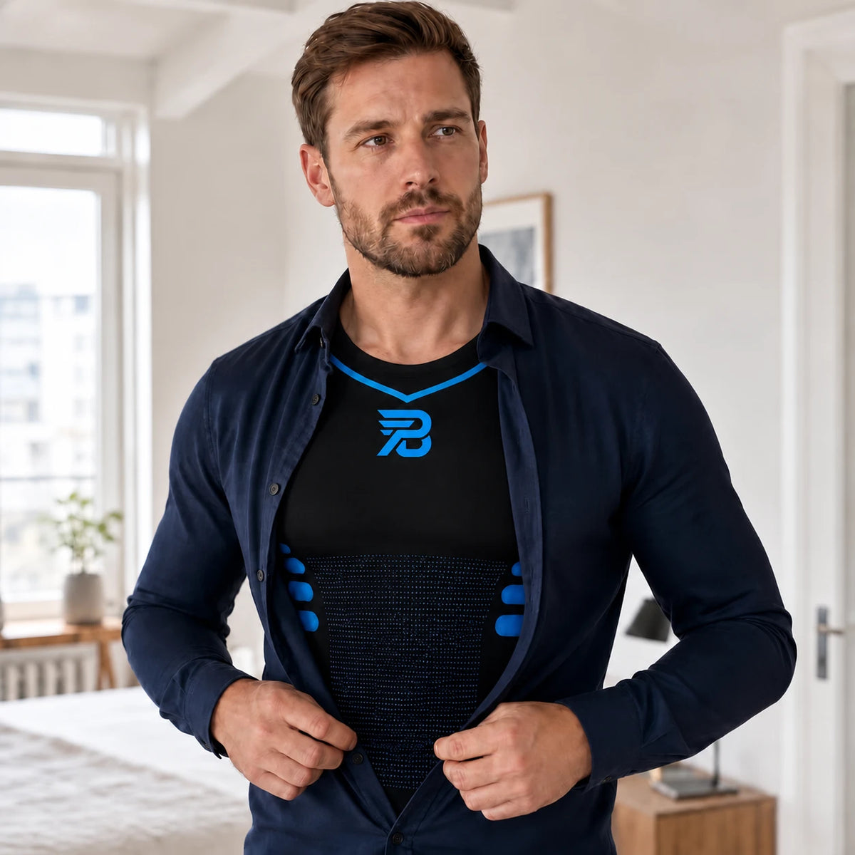 Débardeur de compression PORTEUNDER noir porté sous une chemise